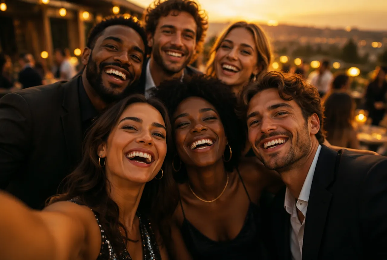 Friends laughing and taking a group selfie at a celebration
